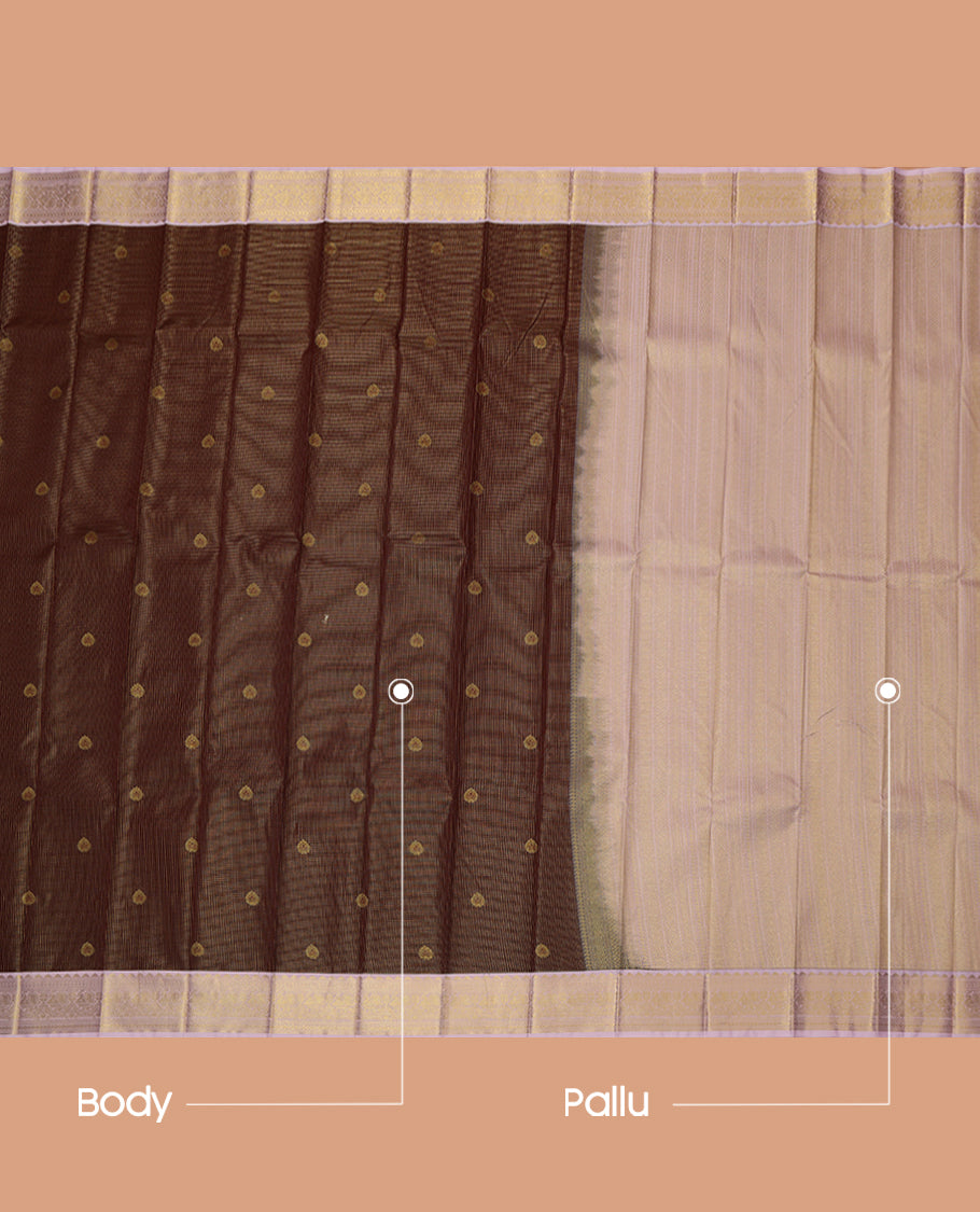 Brown Budget Silk Saree, Detailed with Zari Buttas and Checks, a Contrast Traditional Zari Border, Grand Pallu, and a Contrast Blouse