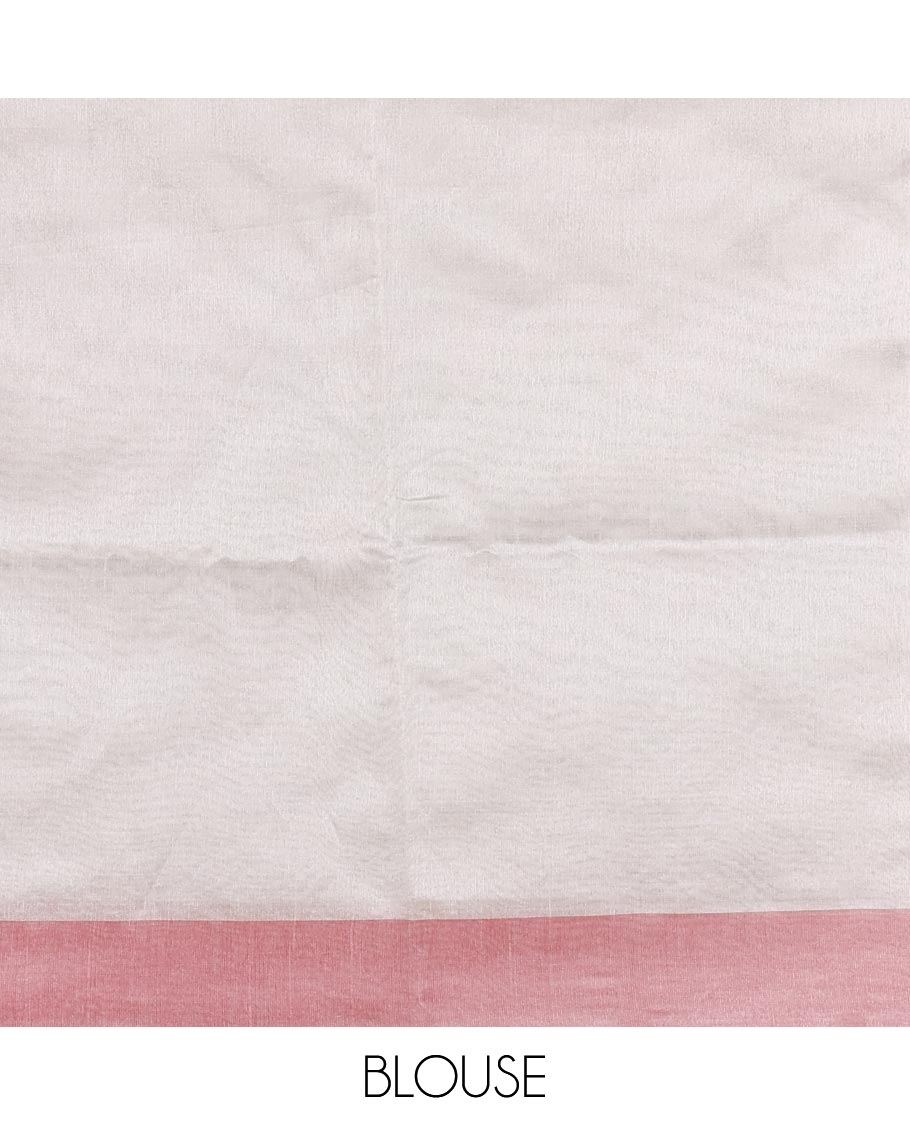 Half-white mango and flower pots thread embroidered semi-tussar saree, contrast peach border, manga motif embroidered pallu, and a matching blouse