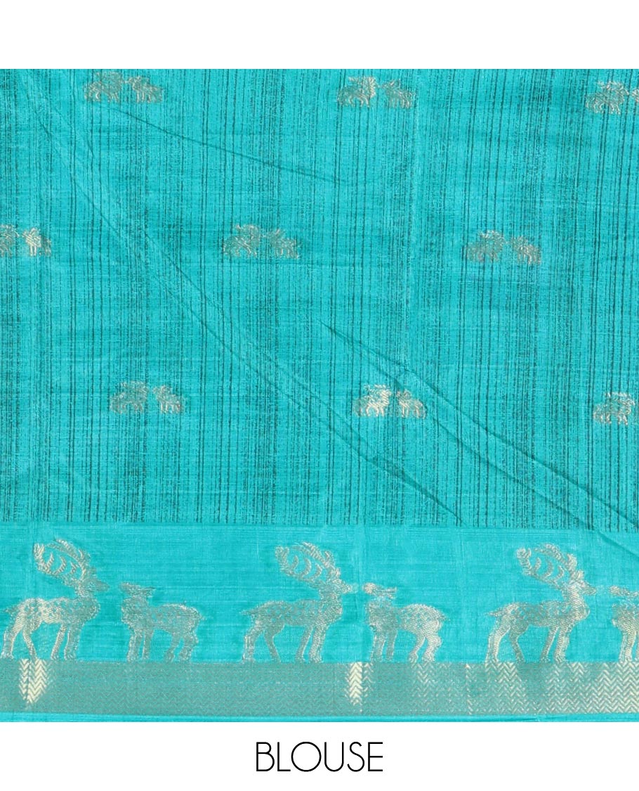 Rani pink deer copper zari buttas dola silk saree, contrast chevron and deer motifs zari border, deer motifs pallu, and contrast deer motifs blouse