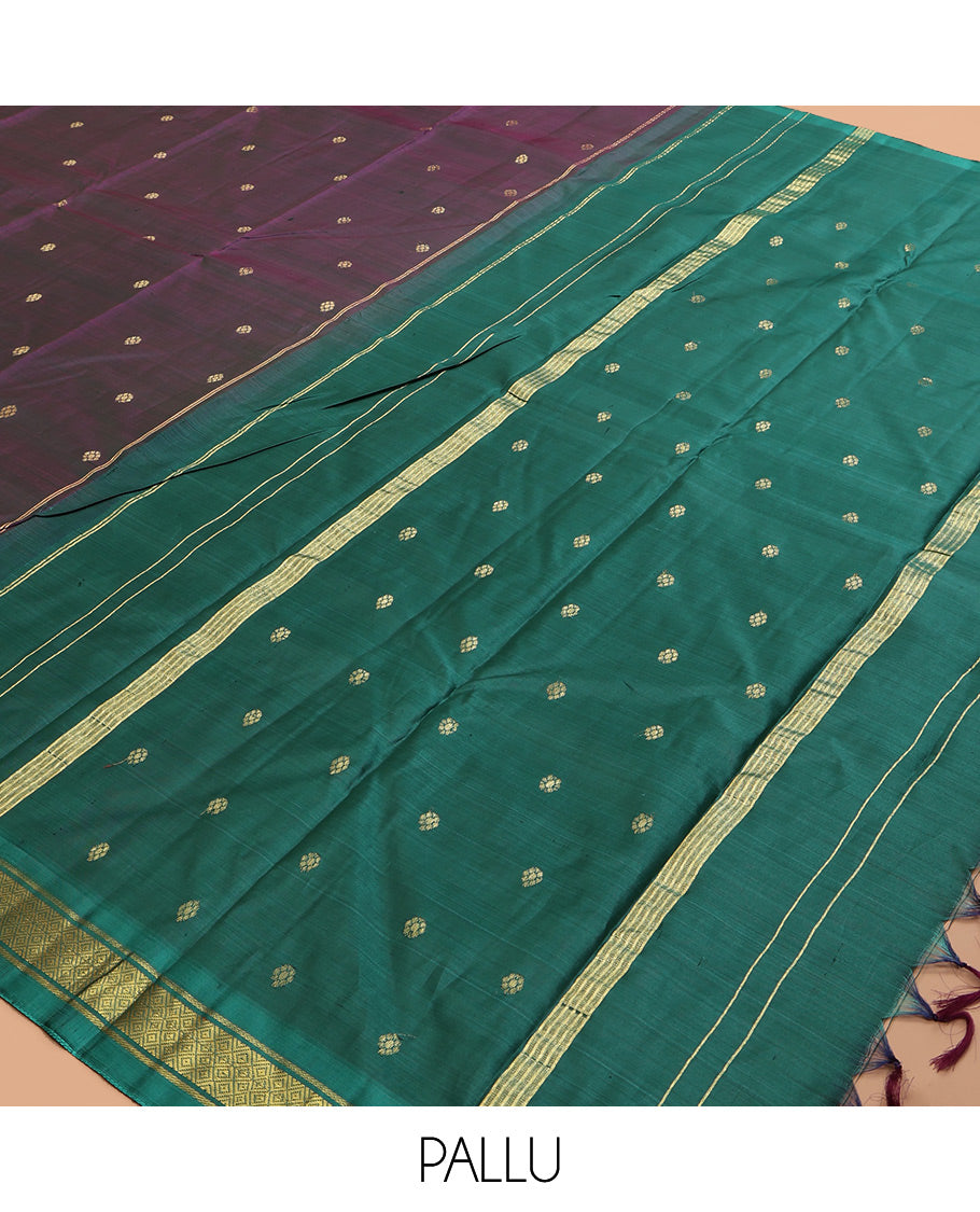 Wine Kanchipuram Silk Saree, Woven with Zari Buttas, a Contrast One-Sided Border of  Banaras, and Mayil Kann Designs, Zari Design Pallu, and No Blouse