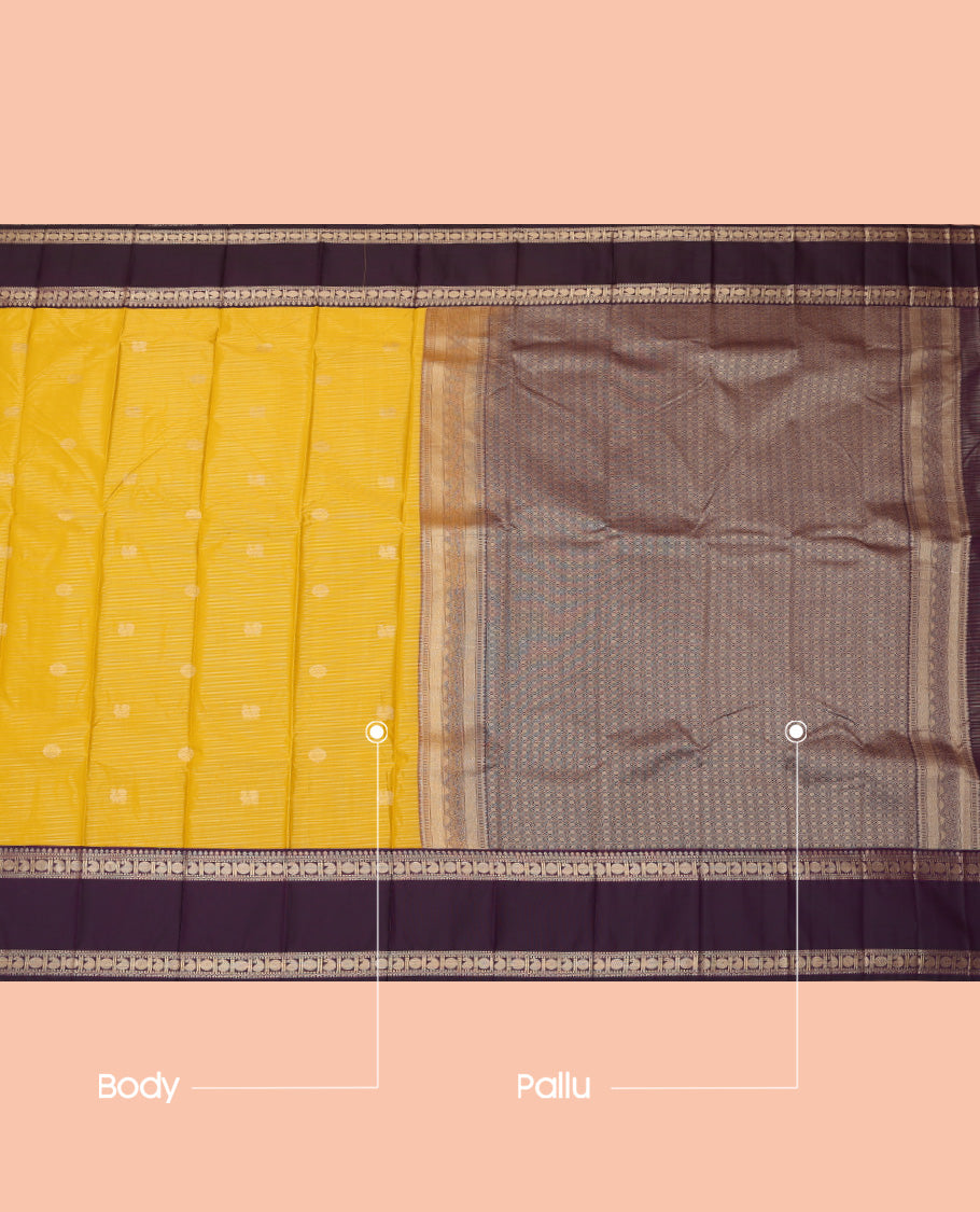 Yellow Budget Silk Saree, Sparsely Woven with Peacock-Chakram Buttas and Stripes, a Contrast Traditional Zari Rettai Pettu Border, Grand Pallu, and a Contrast Blouse