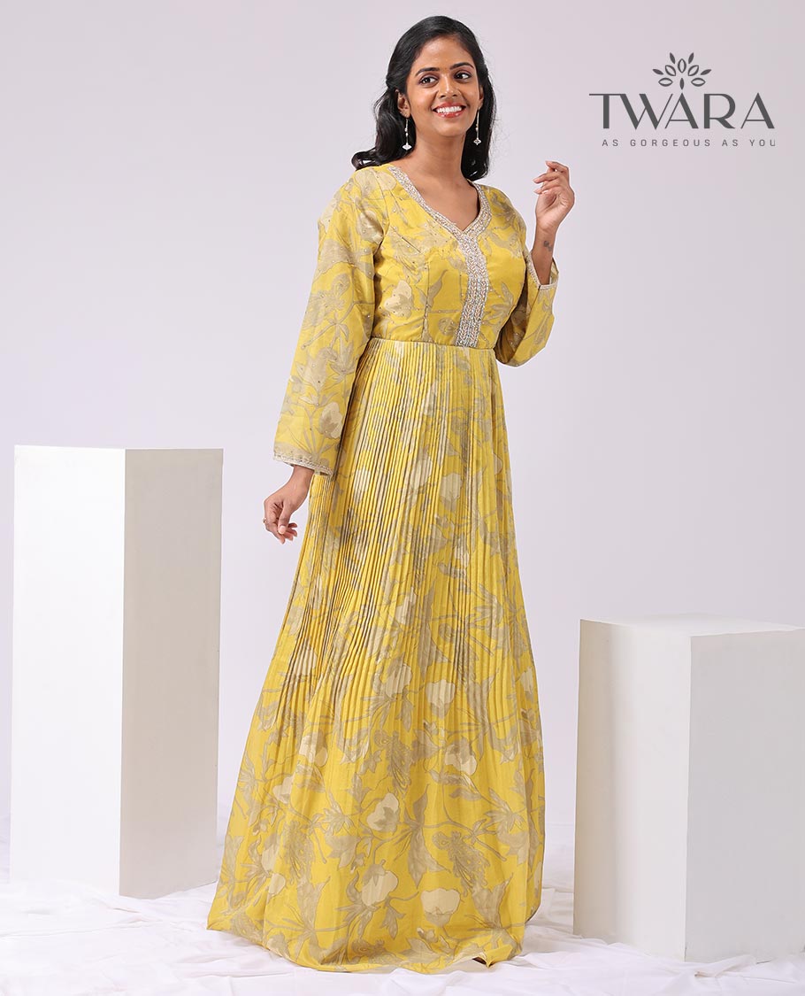Mustard floral printed v-neck embroidered , 3/4 th sleeve, floor length with sheer , embroidery border dupatta