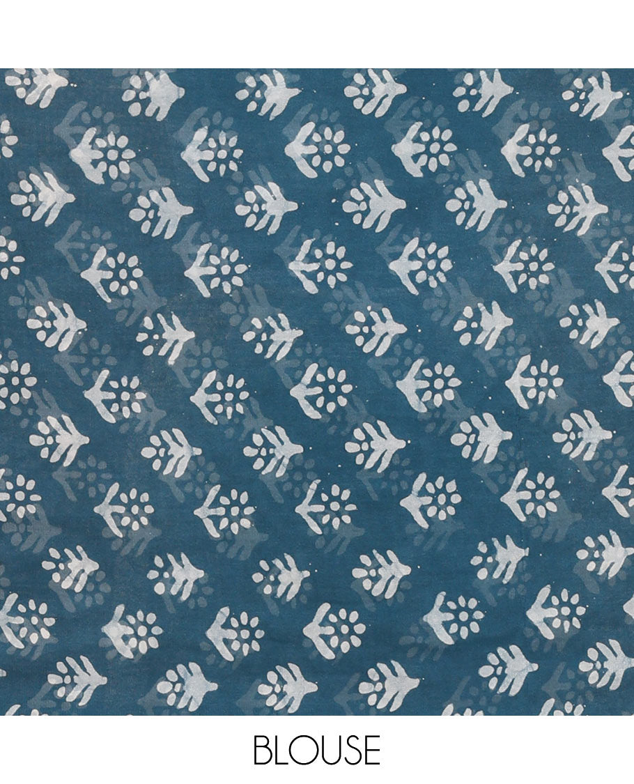 Blue leaf batik printed georgette saree, batik-printed striped border, floral-geometric batik printed pallu & batik printed blouse