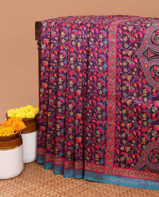Borderless Wine dicharge print, madhubani design crackle silk saree with carry design pallu & crackle slub combination blouse