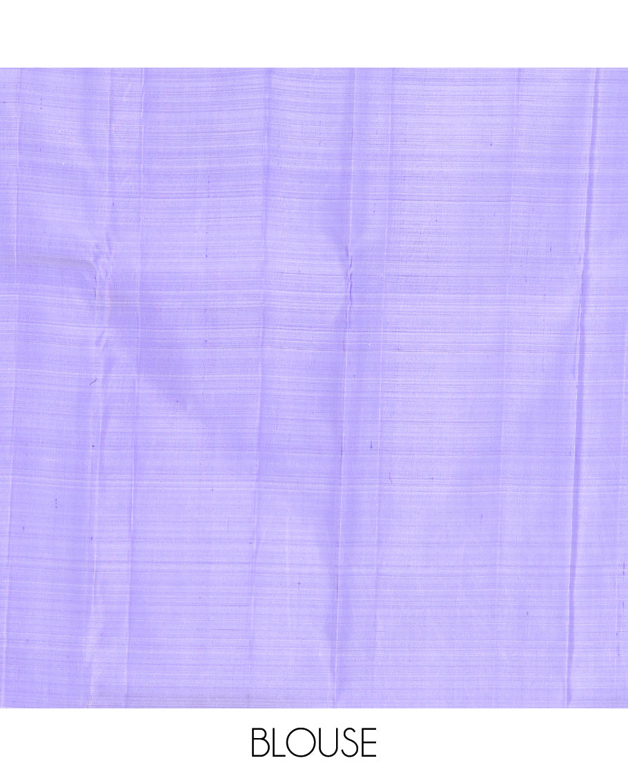 Off-White Plain Kanchipuram Silk Saree, Complemented by Contrast Thazampoo Rekku Border, Thazampoo Rekku Pallu, and a Contrast Blouse