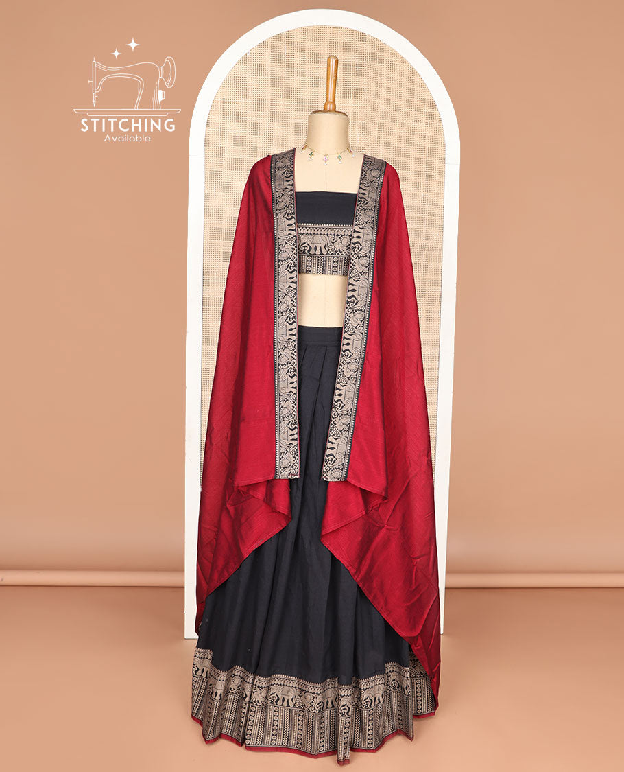 Black cotton half saree with contrast intricate zari design border, elephant design blouse & elephant design border dhavani