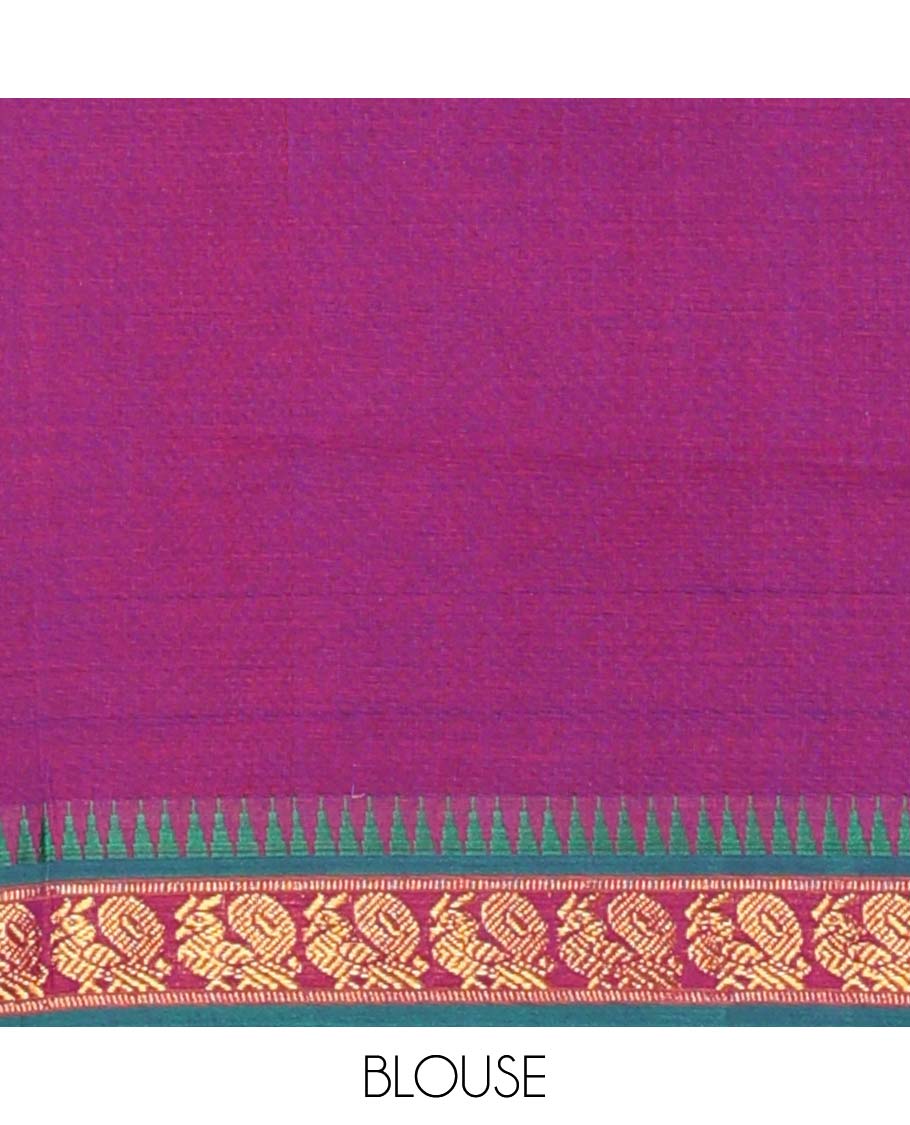 Blue cotton half saree with contrast zari border, plain blouse & plain with peacock zari border dhavani