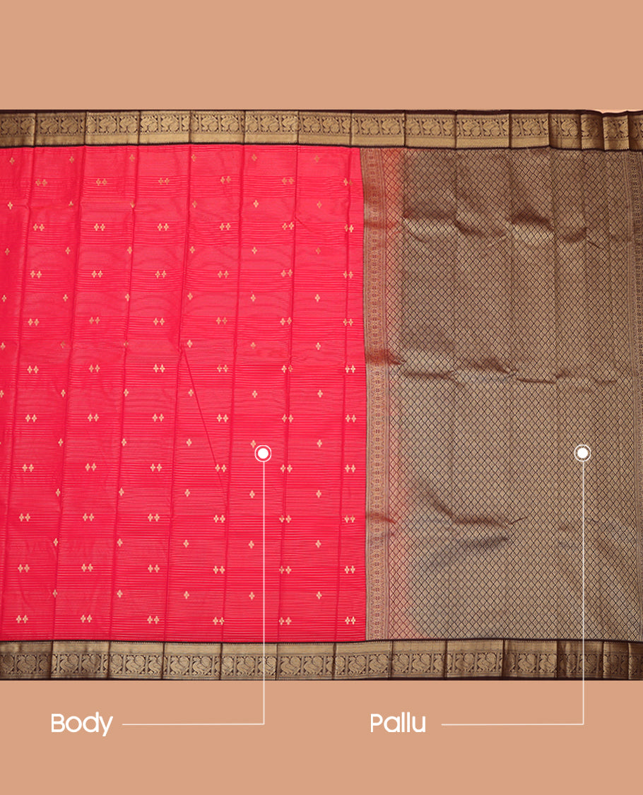 Red Budget Silk Saree, Adorned with Zari Buttas and Stripes, Complemented by a Contrast Traditional Zari Border, Grand Jaal Pallu, and Contrast Blouse