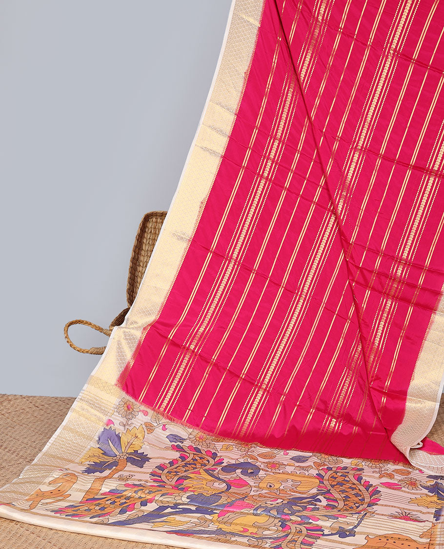 Pink striped ,paisley motifs design art mysore silk saree with contrast zari border & peacock design pallu
