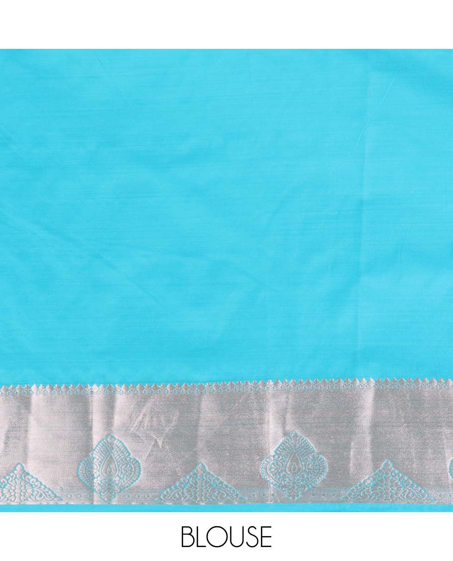 Blue zari flower brocade design soft silk saree with bawanchi, butta border & rich weaving pallu along with brocade blouse