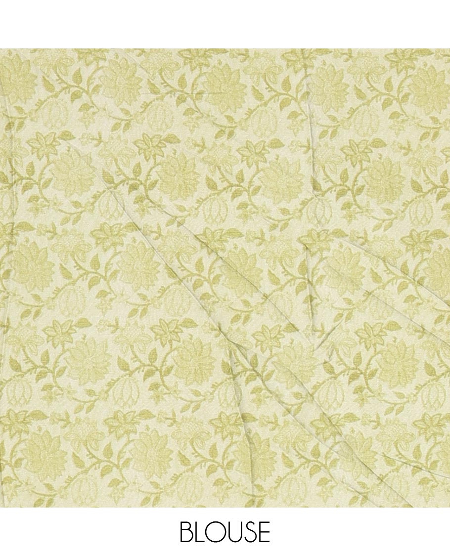 Mehendi green leheriya style hand brush printed satin crepe saree, contrast border, plain pallu, and floral vine printed blouse