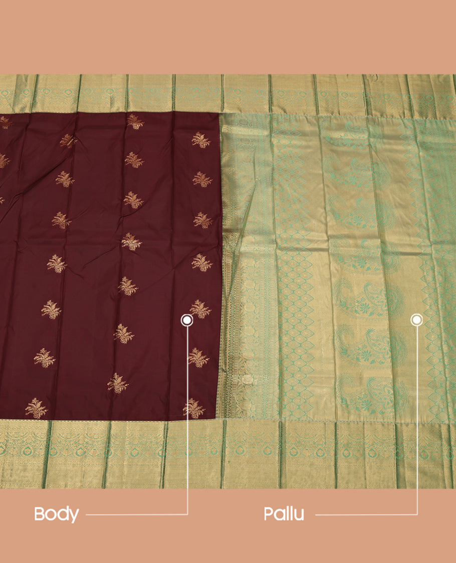 Maroon Budget Silk Saree, Woven with Zari Buttas, Complemented by a Contrast Traditional Zari Border, Intricate Pallu, and a Contrast Blouse
