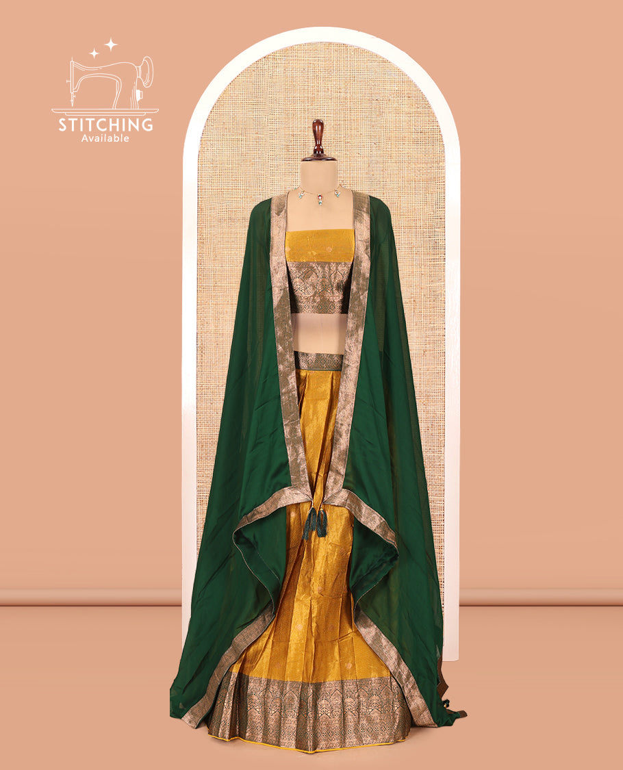 Yellow-Green Shimmer Tissue Half-Saree Features Buttas Skirt, a Contrast Traditional Border, a Matching Blouse, a Contrast Dhavani