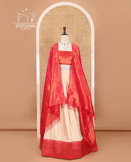Cream-magenta half-saree, zari jacquard & contrast traditional zari border banaras softy skirt, semi-banaras jacquard blouse & contrast zari design blouse