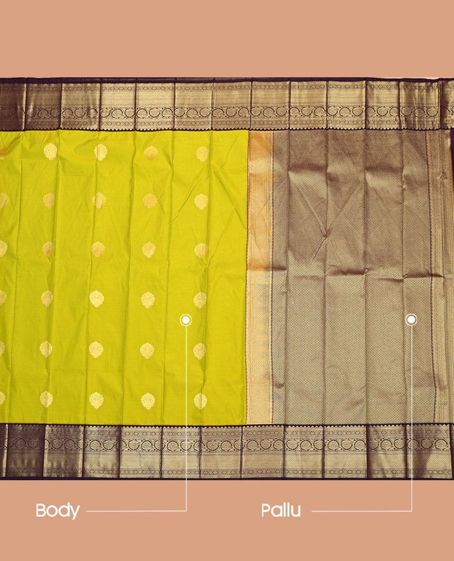 Parrot Green Budget Silk Saree, Woven with Zari Buttas on Its Body, Complemented by a Contrast Traditional Zari Design Border, Pallu of Jaal Design, and Paired with a Contrast Blouse