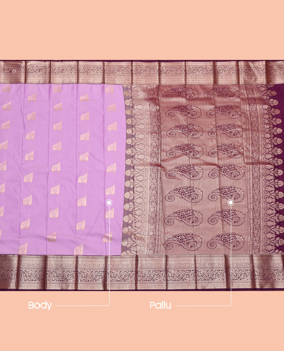 Lavender Budget Silk Saree, Enriched with Zari Buttas, Complemented by a Contrast Traditional Zari Border, Pallu of Paisleys, and a Contrast Blouse