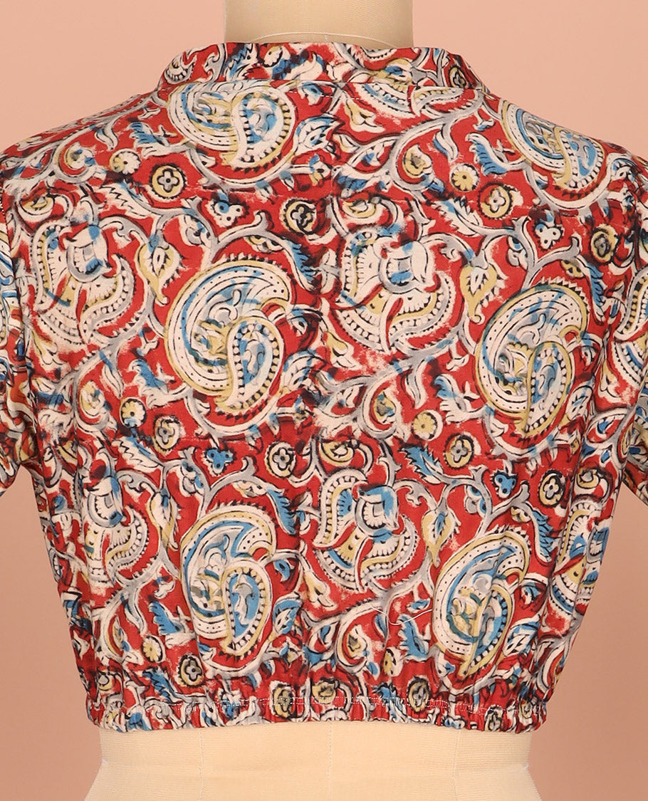 Red-base Readymade Blouse Elegantly Printed with Floral-Paisley Vine, Featuring a Front V-Neck, a Back Closed Neck, and Full Sleeves
