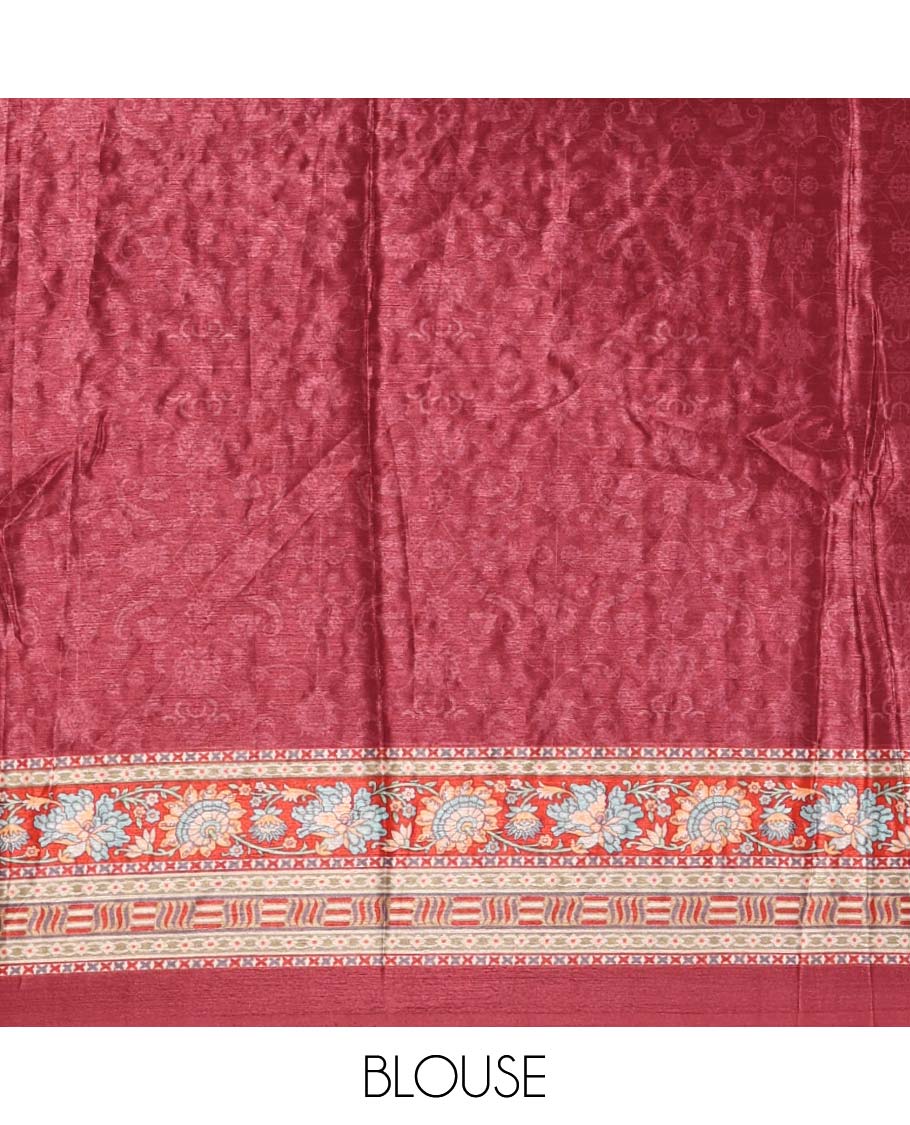 Purple-base floral-theme printed & real mirror embroidery masakali saree, self-border, printed mirror work pallu & matching blouse