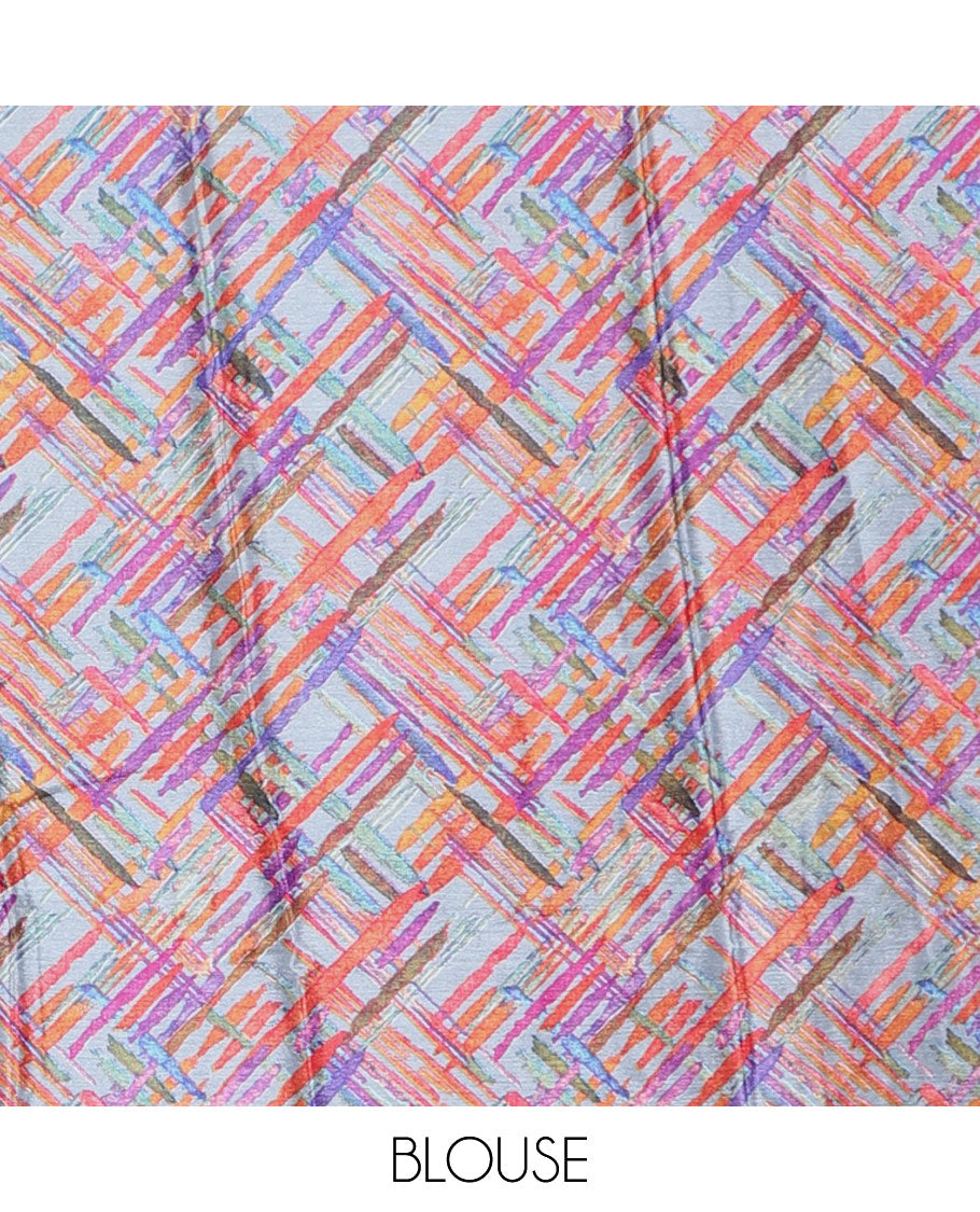 Half-white abstract style geometric printed Turkey crepe saree, contrast border, and pallu of abstract textured print