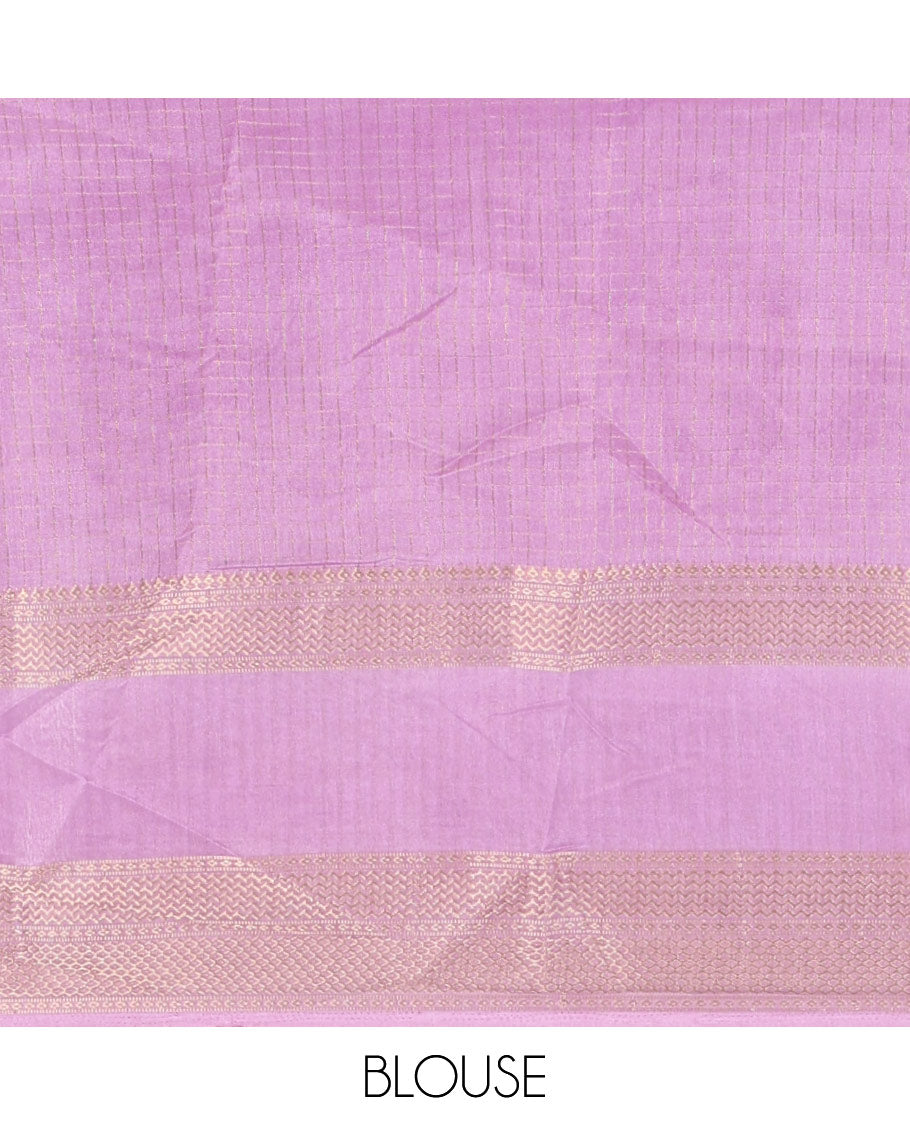 Violet zari checked moss milan saree, contrast traditional zari rettai pettu border, striped pallu, and contrast blouse
