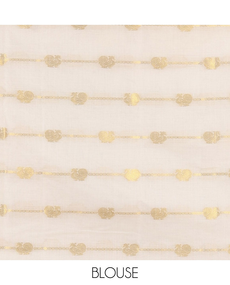 Borderless cream-maroon peacock and horizontal zari striped Kerala cotton saree, self-pallu with tassels, and a matching blouse