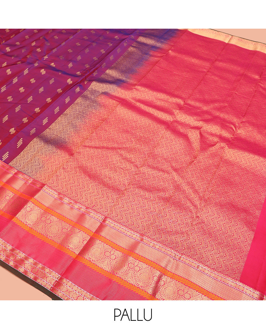 Purple Dual-Tone Vasundhara Lite Silk Mix Saree, Finely Crafted with Zari Buttas All Over Its Body, Complemented by Contrast Border of Rekku, Rudraksham, Muthu, Mayil kann,  Kathir, Jada Nagam Designs, Grand Pallu and Paired with a Contrast Blouse