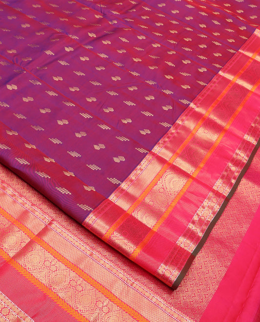 Purple Dual-Tone Vasundhara Lite Silk Mix Saree, Finely Crafted with Zari Buttas All Over Its Body, Complemented by Contrast Border of Rekku, Rudraksham, Muthu, Mayil kann,  Kathir, Jada Nagam Designs, Grand Pallu and Paired with a Contrast Blouse