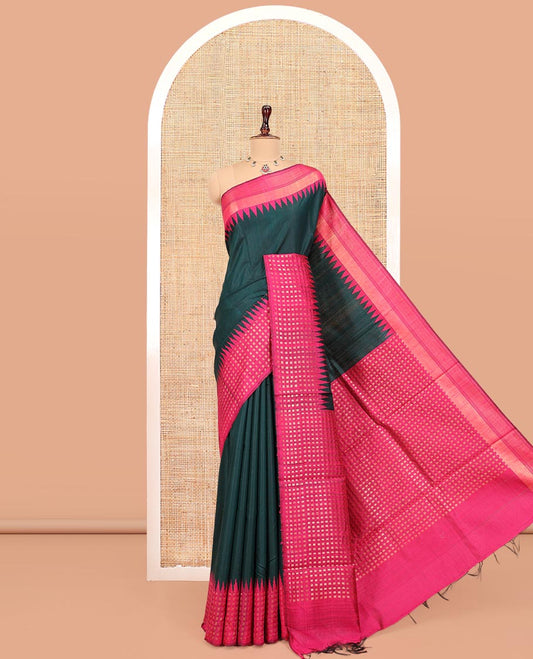 Green Plain Dupion Saree, Complemented by a Contrast Temple Border of Zari Buttas, Pallu Steeped with Buttas, and Paired with a Contrast Blouse