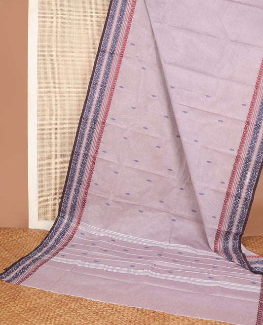 Pale pink thread buttas Chettinad cotton saree, traditional design thread woven border & pallu of buttas & stripes