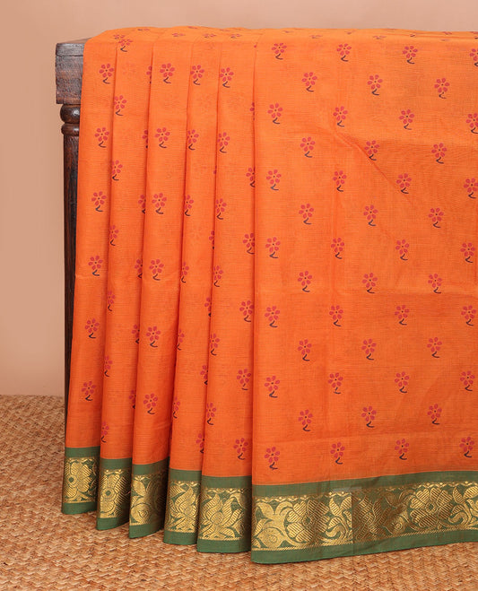 Orange flower buttas Andhra cotton saree, contrast traditional zari border & zari striped & diamond pallu