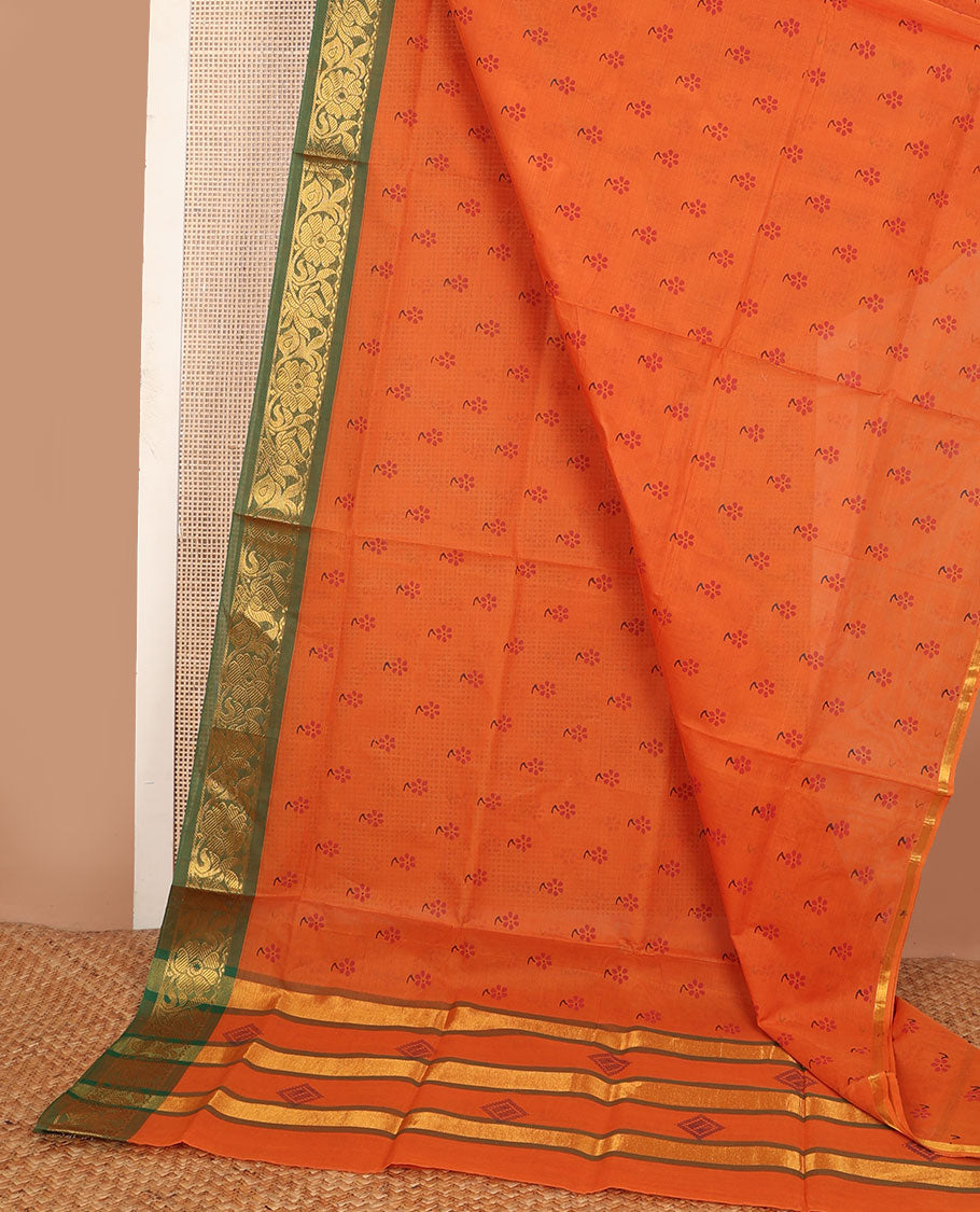 Orange flower buttas Andhra cotton saree, contrast traditional zari border & zari striped & diamond pallu