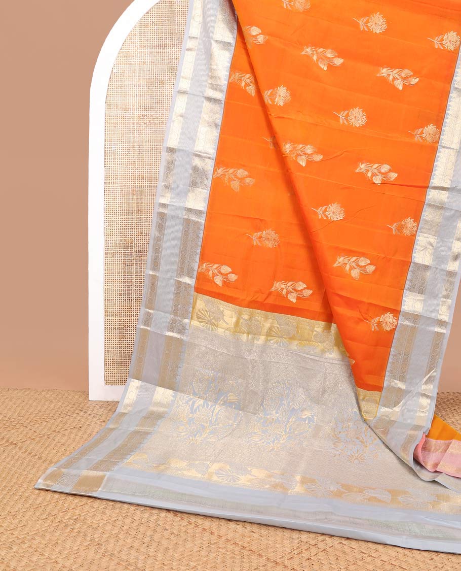 Orange flower motifs vasundhara elite silk saree with contrast inricate zari design border & floral design pallu