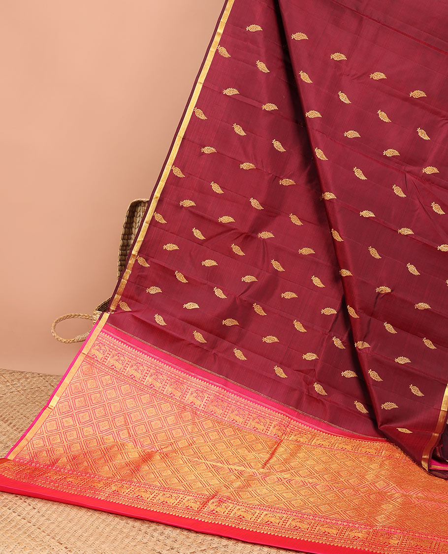 Maroon leaf buttas kancheepuram silk saree with contras zari border & animal , checked zari design pallu