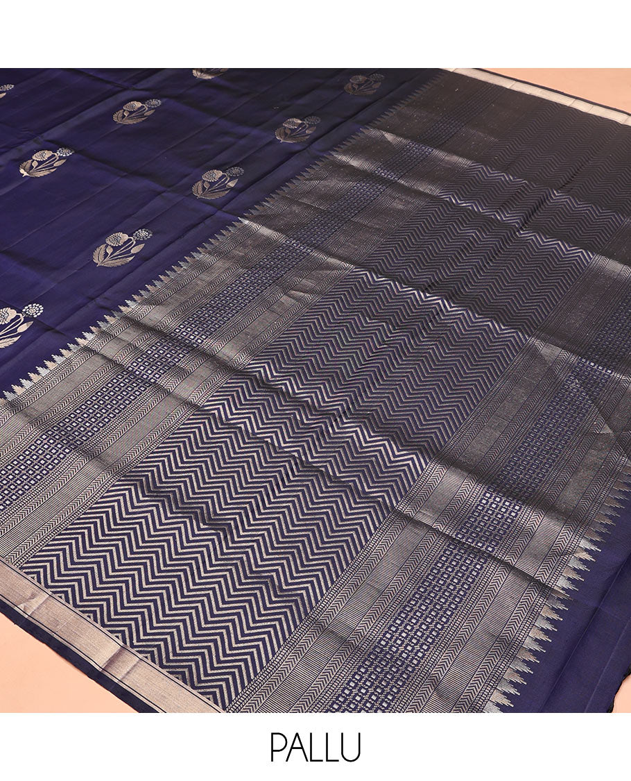 Blue Mayuri Soft Silk Saree, Richly Woven with Floral Zari Buttas All Over Its Body, Highlighted by a Zari Bavaji Border, Pallu of Vanki Designs, and Paired with a Matching Blouse