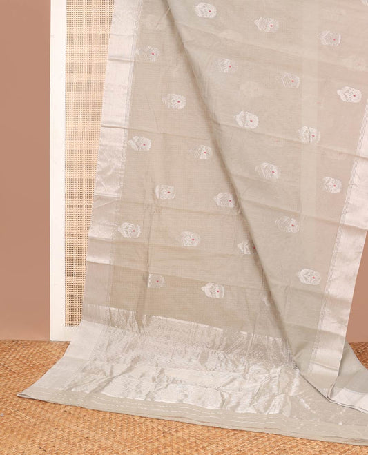 Grey motifs chanderi cotton saree with contrast border & striped pallu