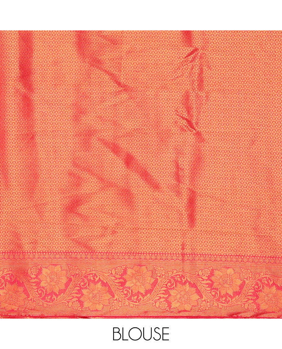 Cream-magenta half-saree, zari jacquard & contrast traditional zari border banaras softy skirt, semi-banaras jacquard blouse & contrast zari design blouse