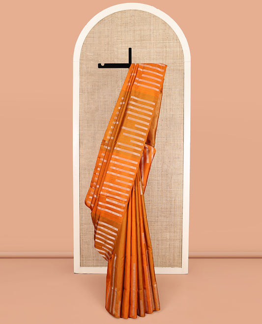 Borderless Yellow Mayuri Soft Silk Saree, Adorned with Stripes and Rectangular Blocks, Highlighted by a Pallu of Zari Design, and a Matching Blouse