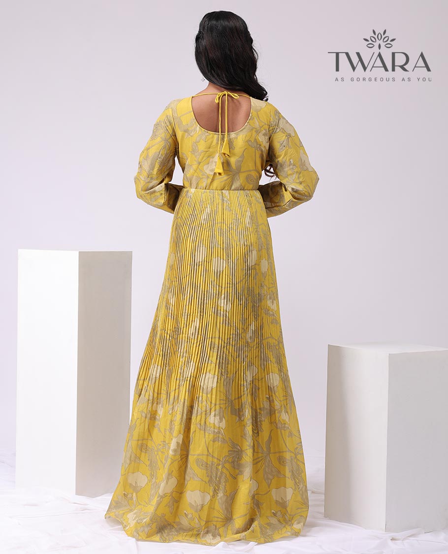 Mustard floral printed v-neck embroidered , 3/4 th sleeve, floor length with sheer , embroidery border dupatta