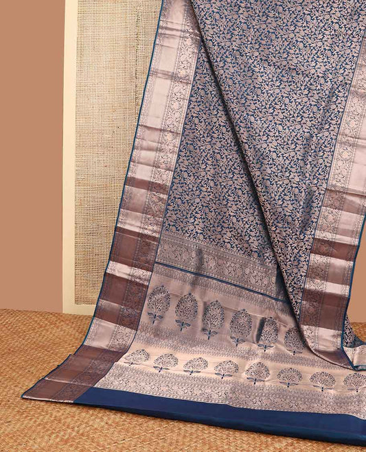 Blue floral jacquard kancheepuram silk saree with self border of muthu, banaras, paun design & zari design pallu