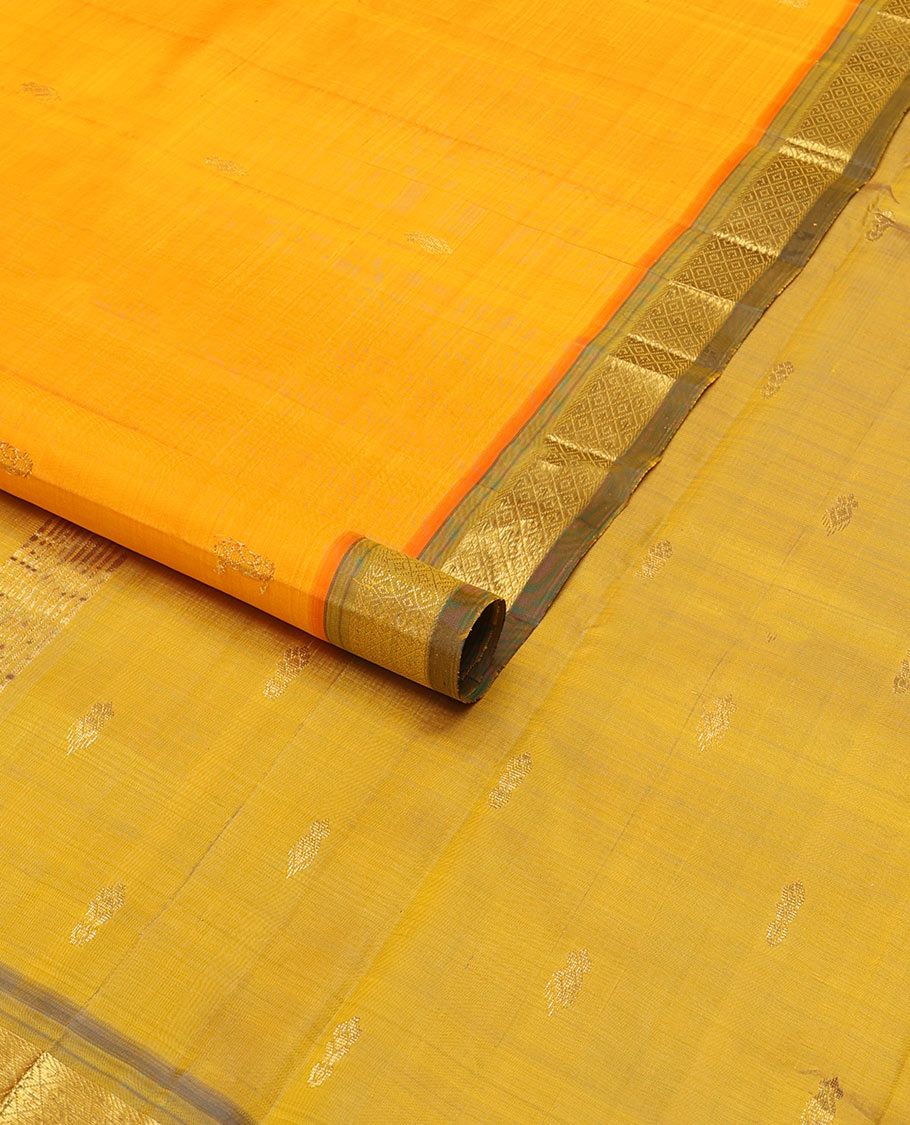 orange buttas kancheepuram silk saree with contrast intricate zari design border & floral design pallu