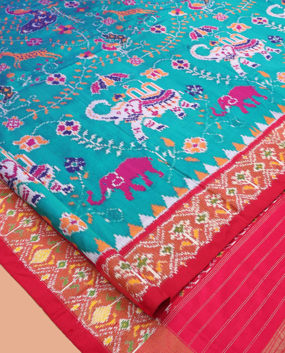 Blue Flora-Fauna Buttas Pochampally Ikat Saree, Contrast Border