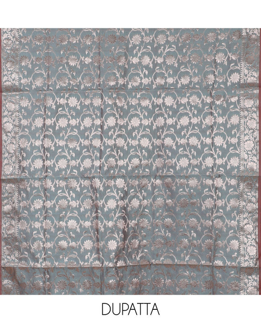 Teal banarasi material chudidar set, zari buttas woven top, plain bottom, and floral jaal jacquard taffeta silk dupatta
