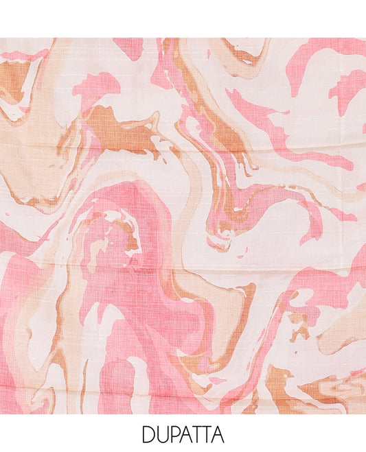 Peach Semi-Bhagalpur Cotton Material Churidar Features Plain Top, a Santoon Bottom, and Contrast Abstract Printed Dupatta