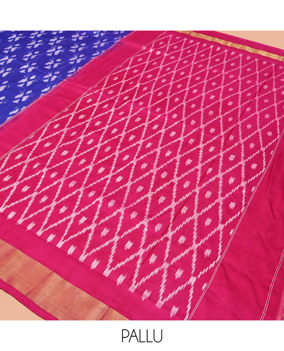 Royal Blue Pochampally Ikat Silk Saree, Adorned with Ikkat Buttas on Its Body, Complemented by a Contrast Ikkat-Style Woven Border, Pallu of Butta Enclosed Jaal Design, and Paired with a Contrast Blouse