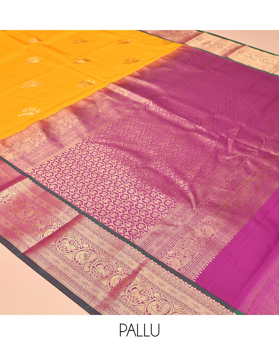 Yellow Vasundhara Lite Silk Mix Saree, Bedecked with Zari Buttas, a Contrast Traditional Zari Woven Border, Grand Pallu, and a Contrast Blouse