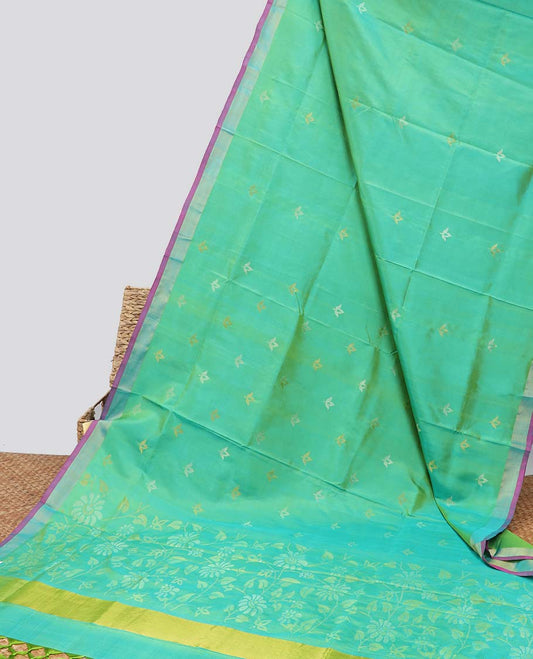 green floral motifs upadda silk saree with self zari border & floral vine design pallu