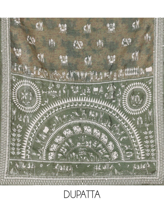 Green Material Churidar Set, Artfully Designed with Warli Motifs Printed on Chanderi Top, Comes with a Plain Santoon Bottom, and Is Paired with a Chanderi Dupatta Featuring Warli-Village Themed Motifs Print