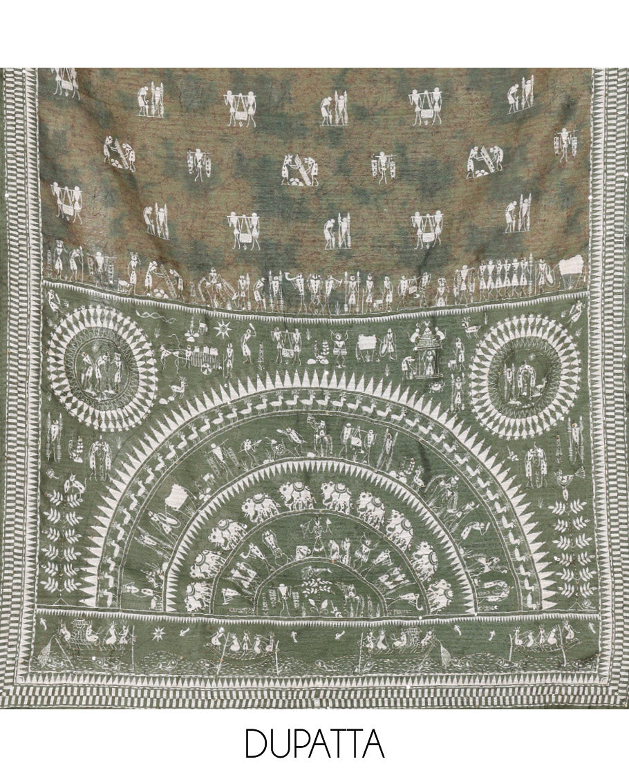 Green Material Churidar Set, Artfully Designed with Warli Motifs Printed on Chanderi Top, Comes with a Plain Santoon Bottom, and Is Paired with a Chanderi Dupatta Featuring Warli-Village Themed Motifs Print