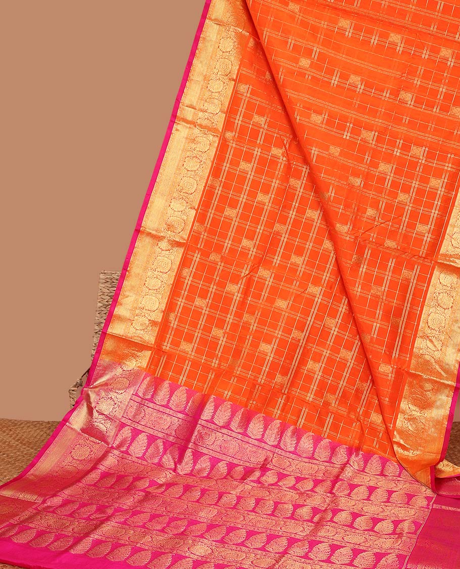 Orange checked zari design vengatagiri pure silk saree, contrast traditional border & paisley motifs , floral design pallu