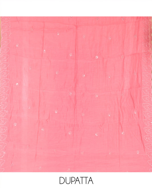 Pink Mul Chanderi Material Chudidar Set, Graced with Appliqué Floral Embroidery on Its Top, a Plain Santoon Bottom, and Paired Scallop Embroidered Mul Chanderi Dupatta